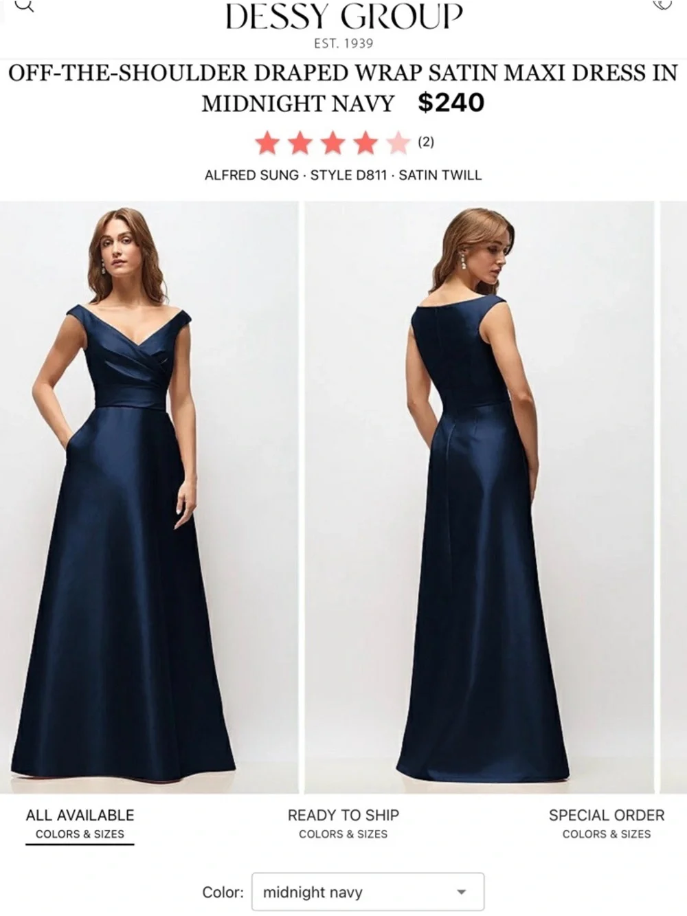 ALFRED SUNG Off-the-Shoulder Satin Maxi Dress in Midnight Navy Blue - Picture 1 of 5